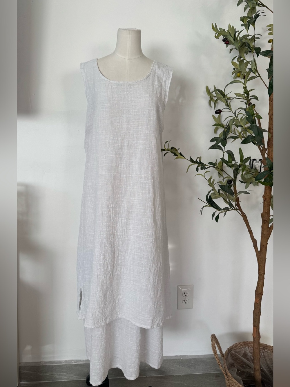 Anysize White Linen Cotton Sleeveless Layered Midi Dress Coastal Cottagecore